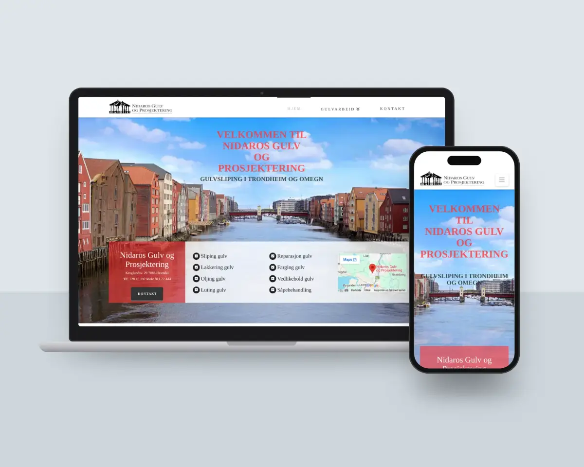 Nettsiden til Nidaros Gulv og Prosjektering på laptop og mobil